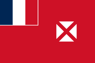 The flag of Wallis and Futuna has a red field with four white isosceles triangles in the middle. The apexes of the triangles are oriented inward and at right angles to each other. The flag of France, outlined in white on two sides, is in the canton.